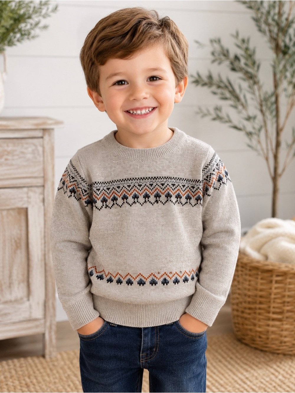 Faze 1 Boys 4T Fair Isle Knit Sweater Beige Gray Rust Nordic Pullover #1361